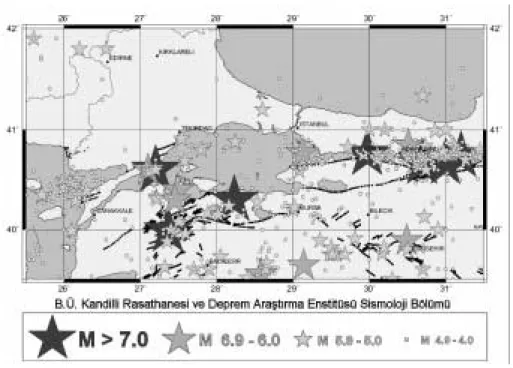 Şekil 1. Marmara Bölgesi deprem etkinliği haritası (1900-2000) 