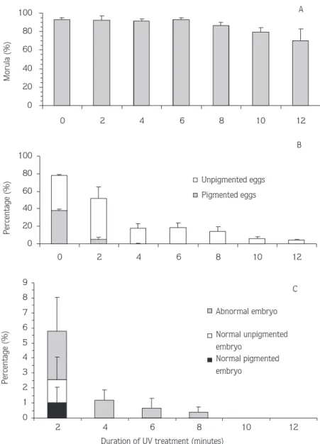 Figure 1. Percentage of embryos observed at morula (A), pigmentation (B) and hatching (C) of presumptive “blond” androgenetic haploid Nile tilapia, O