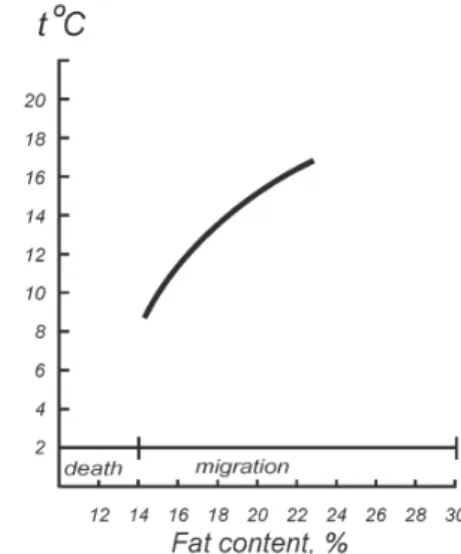 Figure 2. Relation between fat content in Azov anchovy  and temperature of its wintering migration.