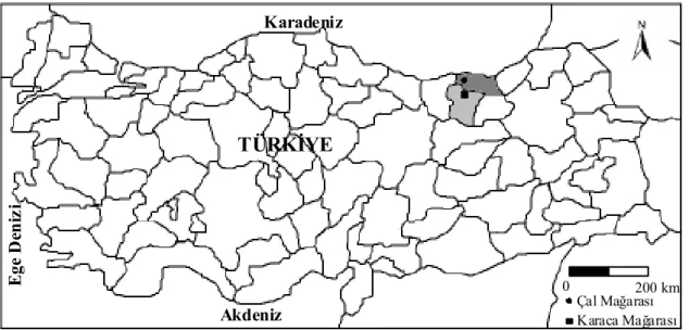 Şekil 15. Karaca ve Çal Mağaraları’nın Türkiye haritasındaki yeri. 