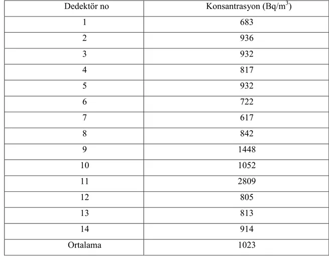 Tablo 22. Karaca Mağarası kış dönemi radon konsantrasyonu  Dedektör no  Konsantrasyon (Bq/m 3 )  1  683  2  936  3  932  4  817  5  932  6  722  7  617  8  842  9  1448  10  1052  11  2809  12  805  13  813  14  914  Ortalama  1023 