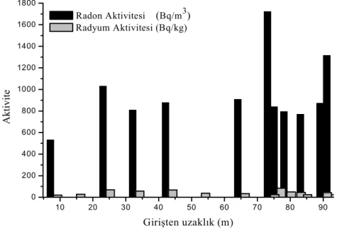 Şekil  40.  Karaca  Mağarası’nda  girişten  uzaklığa  göre  radon-radyum  aktivitesinin karşılaştırılması  