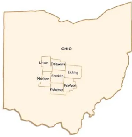 Figure 3.1: Research population map showing the counties of central Ohio included in the  study 