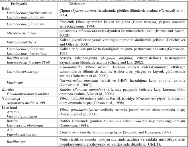 Çizelge 1. Su Ürünleri Yetiştiriciliğinde Kullanılan Bazı Probiyotikler ve Farklı Balık Türlerine Etkileri 