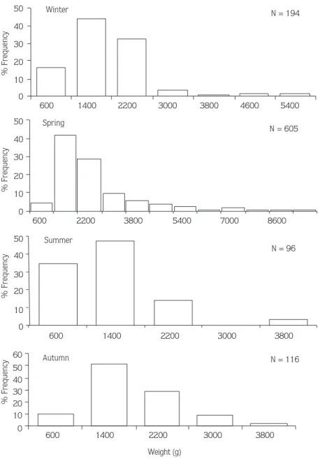 Figure 6. Weight distribution of turbot caught according to seasons in 2001. 