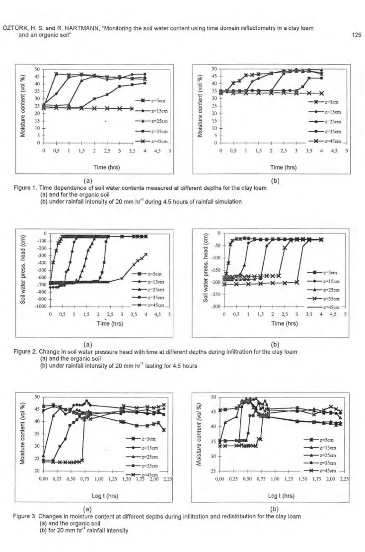 Figure 1. Time dependence of soil water contents measured at different depths for the clay loam  (a) and for the organic soil 