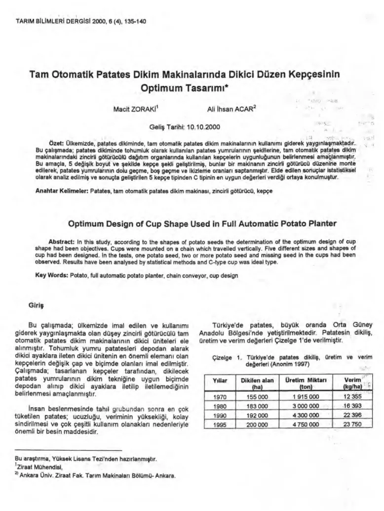 Çizelge 1. Türkiye'de patates dikili ş , üretim ve  verim  de ğ erleri (Anonim 1997) 