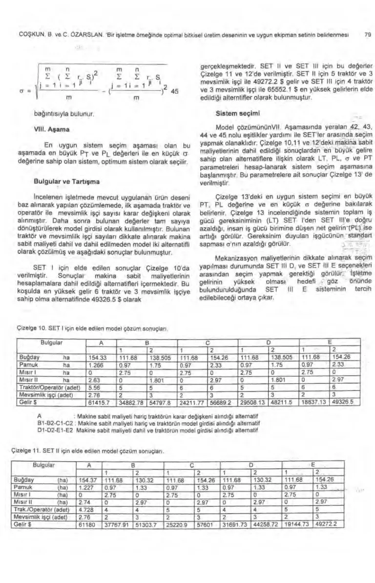 Çizelge 11 ve 12'de verilmi ş tir. SET Il için 5 traktör ve 3 