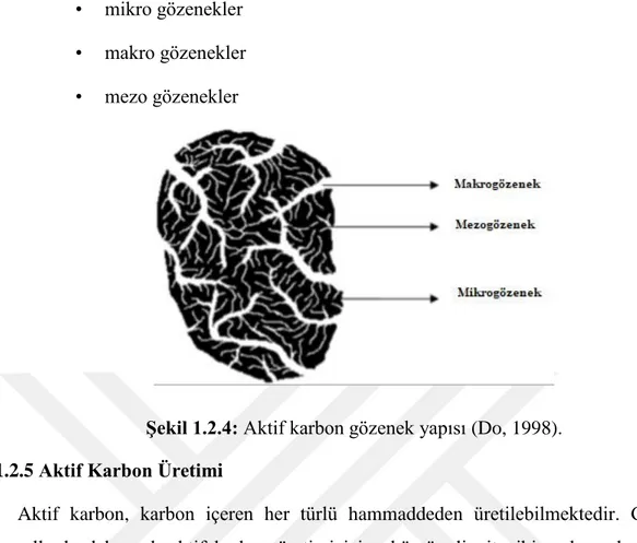 Şekil 1.2.4: Aktif karbon gözenek yapısı (Do, 1998).  1.2.5 Aktif Karbon Üretimi 