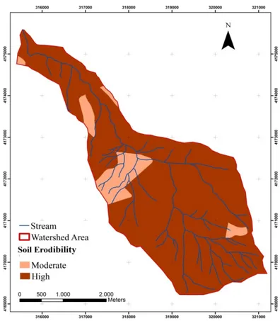 Figure 4. The soil erodibility map of the study area. As  a  result  of  texture  analysis  of  the  soil 