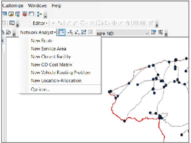 Figure 2. The methods under Network Analyst  In  the  development  of  the  landuse  types  map,  stand  type  maps  of  2017  with  1:25000  scale,  obtained  from  the  forest  management  plans  of  the  Forest  Enterprise  Directorate,  were  used