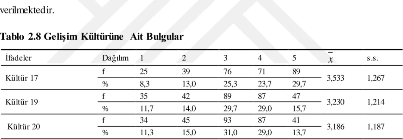 Tablo  2.8 Gelişim  Kültürüne  Ait Bulgular 