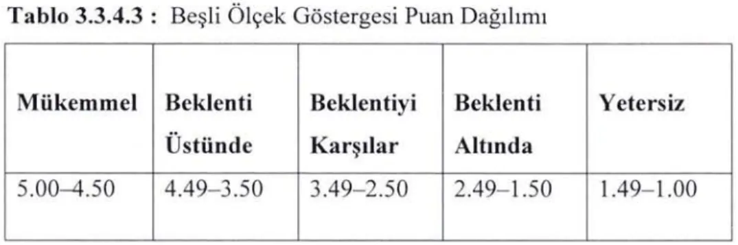 Tablo 3.3.4.3  :  Beşli  Ölçek Göstergesi Puan  Dağılımı 