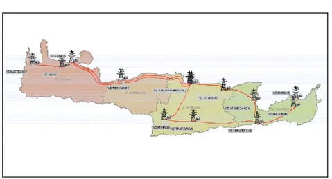 Figure 3. Single–line drawing of 150kV power system on the map of Crete  2.4 Wind Parks 