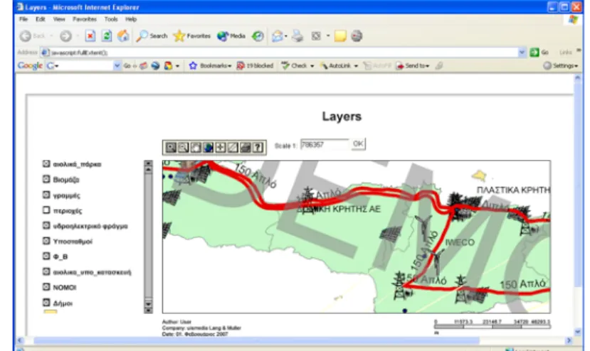 Figure 7. The GIS web-application for power system of Crete on a web browser  (Internet Explorer)  