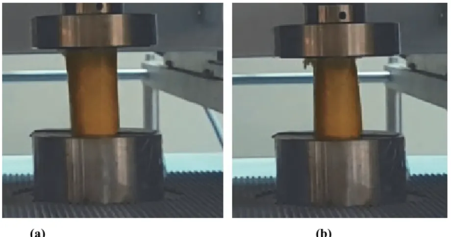 Figure 6. Axial compression test of empty pipes; a) Before the test, b) After the test 