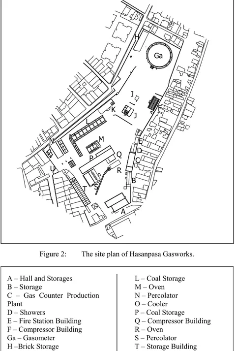 Figure 2:  The site plan of Hasanpasa Gasworks.   A – Hall and Storages 