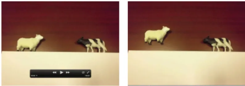 Fig. 1 There is a sheep on the left and a cow on the right, facing each other. The sheep hops twice