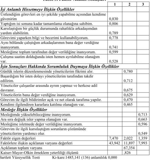 Tablo 3. Faktör Analizi Sonuçları 