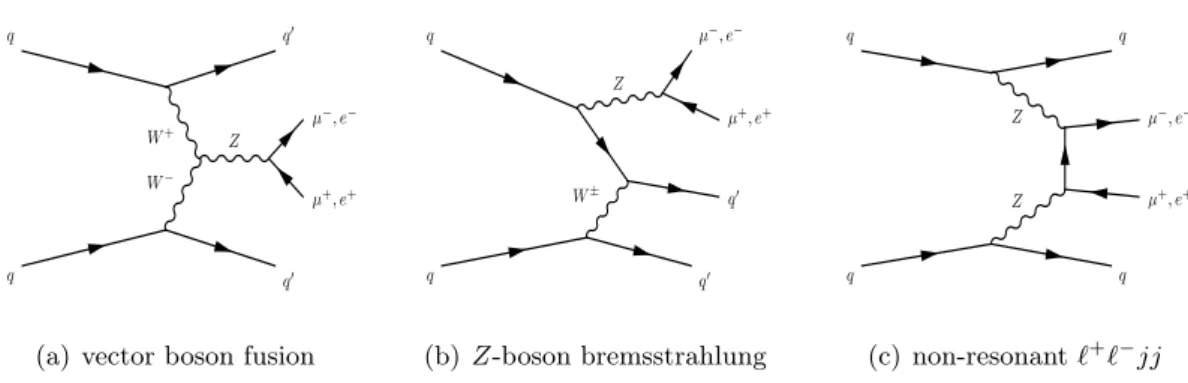 Figure 2. Examples of leading-order Feynman diagrams for (a) strong Zjj production and (b) diboson-initiated Zjj production.