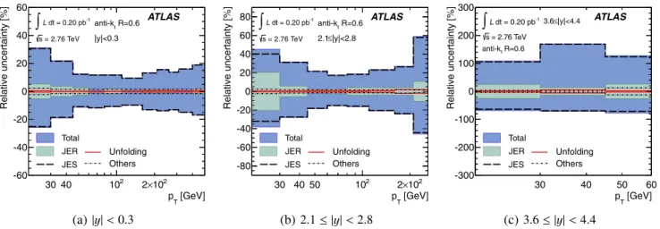 Fig. 5 The systematic uncertainty on the inclusive jet cross-section measurement for anti-k t jets with R = 0.6 in three representative 