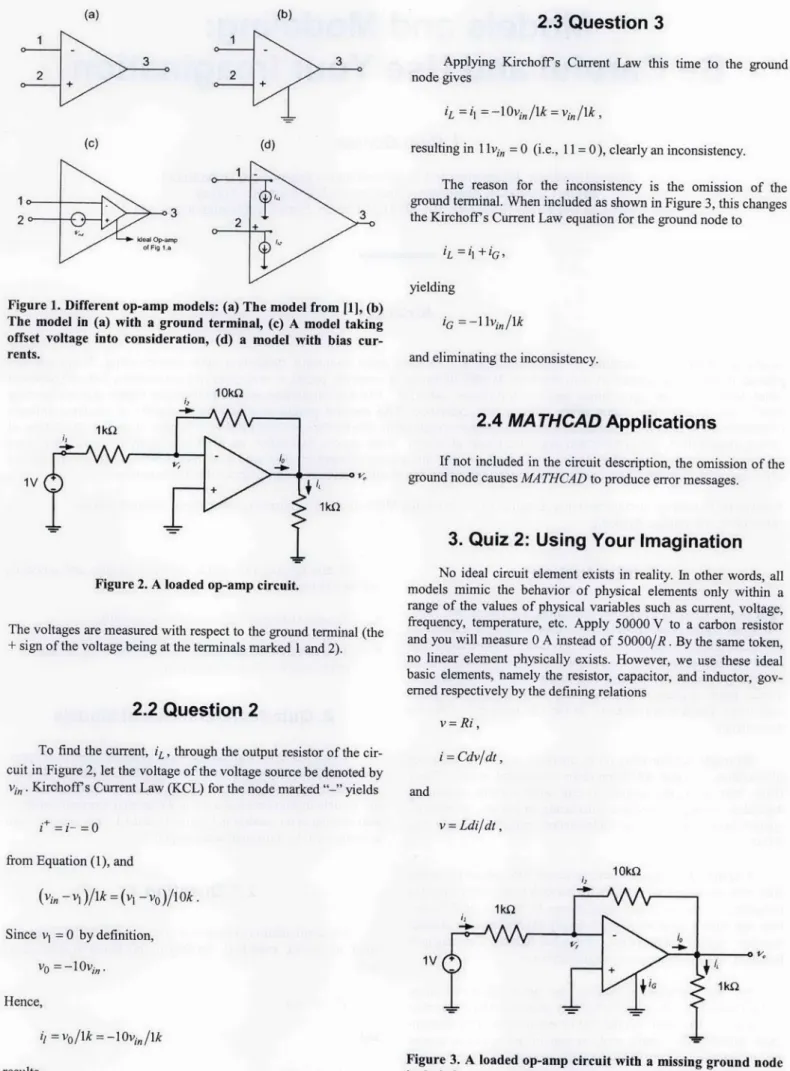 Figure 1. Different  op-amp  models:  (a)  The  model  from  ill, (b) The  model  in (a)  with  a  ground  terminal, (c) A  model  taking offset  voltage  into  consideration,  (d)  a  model  with  bins   cur-rents.