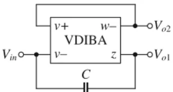 Fig. 3 Proposed resistorless dual-output VM all-pass filter with electronic tuning