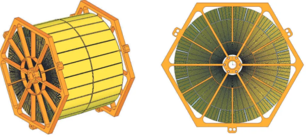 Figure 4. Side (left) and edge-on view (right) of one IAXO optic including the hexagonal suport structure that is intended to be used to mount the telescopes into the magnet bores
