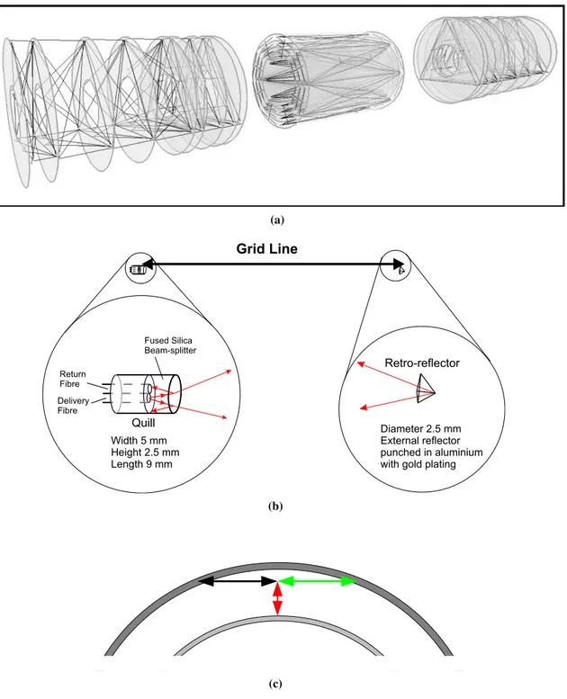 Figure 4. (a) The FSI grid layout across the SCT volume. (b) The grid-line interferometer design for the FSI system