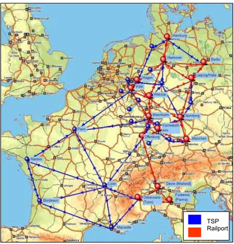 Figure 3: Example for a Network with Railports and Transshipment Points (TSP) 