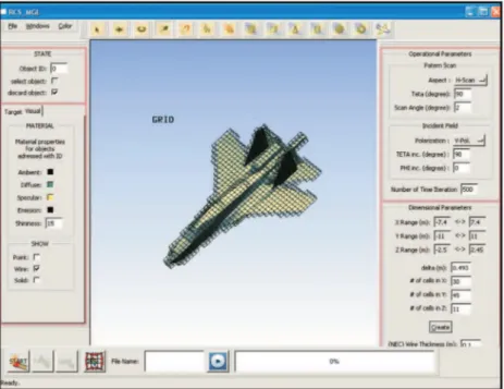 Figure 1. Front panel of the MGL-RCS package and 3D discrete model of an aerial target (SU-27 jet) imported from a