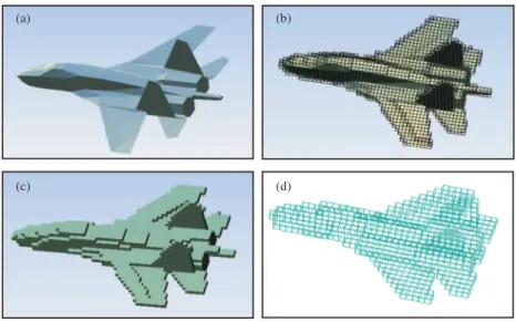 Figure 3. (a) The 3D model of a 22 m long SU-27 jet pictured from a 3DS ﬁle, (b) The 3DS model surrounded by