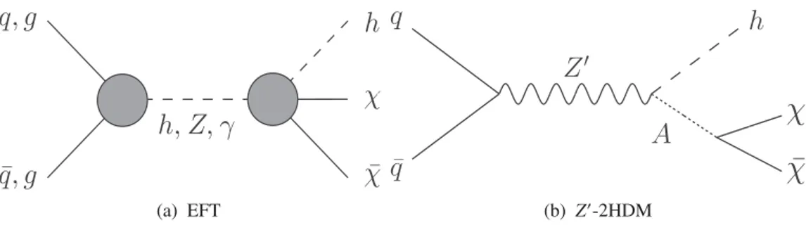 FIG. 1. Feynman diagrams for (a) the EFT and (b) the Z 0 -2HDM models. The χ is the DM particle