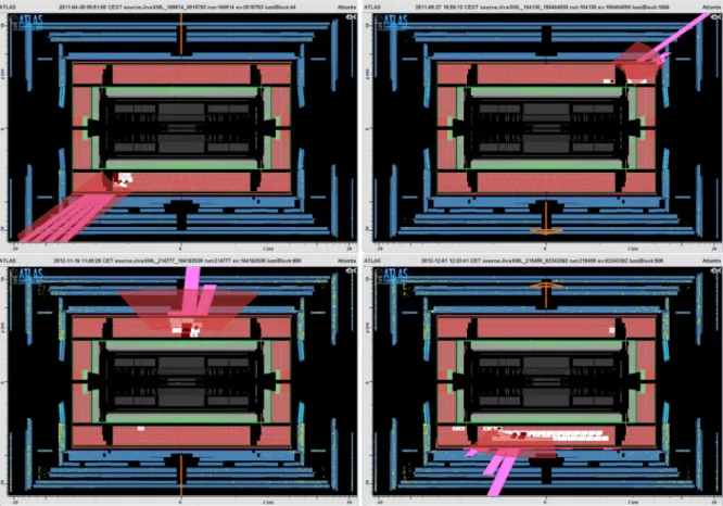 FIG. 5 (color online). Some candidate event displays from 2011 (top) and 2012 (bottom) data passing all selections