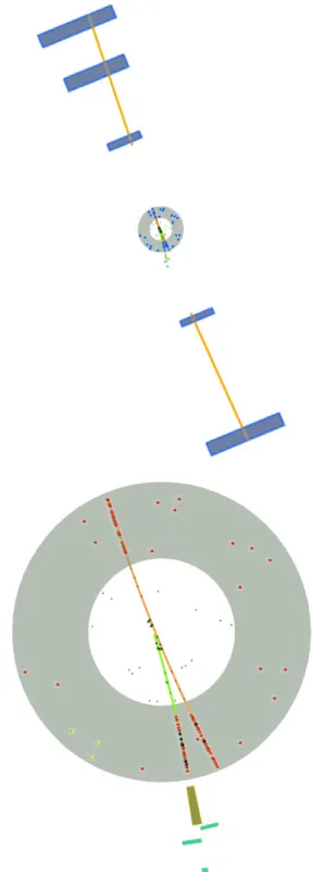 Fig. 9 Event display of a typical δ-electron candidate event. The upper figure shows a view that includes the three layers of muon detectors on