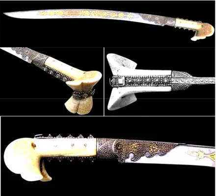 Figure 13. A historical yataghan dated 1811 with walrus hilt and gold ornaments   earsnon‐sharp edgepointblood grooveornamenthiltsharp sideblade