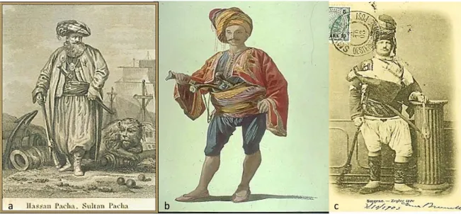 Figure 1. Eared, Yatagan swords carried by (a) Ottoman Admiral Hassan Pacha the  Algerian; (b) an Ottoman marine (levent); (c) a zeibeck from an old postcard dated 1903 