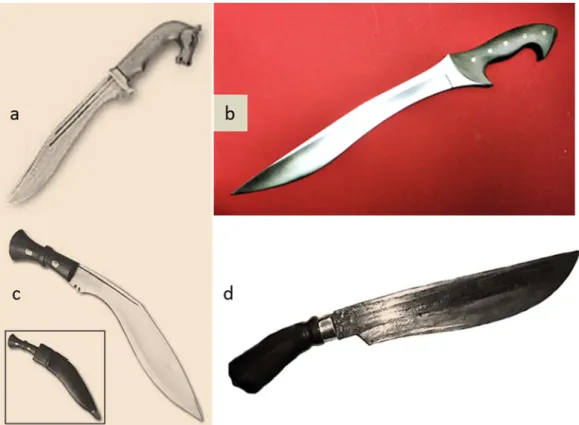 Figure 6. Other types of inverse curved “Yatagan-like” blades: (a) Spanish “Falcata” (b) Old Greek  “Kopis” (c) Nepal Gurka “Kukkri”(d) Phillipines “Parang” 