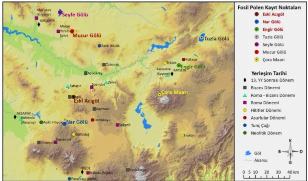Şekil 2. Çalışma alanı yerleşim tarihi ile fosil polen kayıt noktaları haritası (Yerleşme noktaları Aktif Tektonik Araştırma 