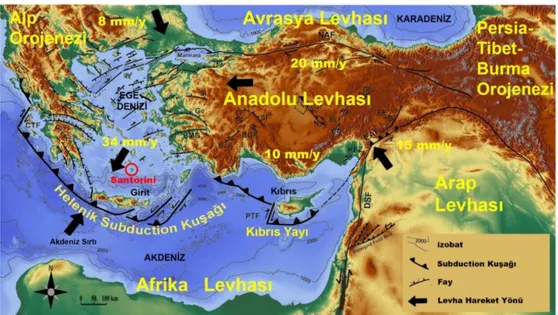 Şekil 2.  Helenik dalma-batma kuşağı, levhalar, tektonik ve batimetrik özellikler 