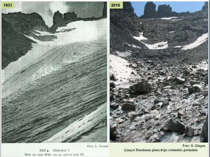 Foto  4:  Çinaçor  buzulunun  Krenek  tarafından  1931  yılında  çekilen  ilk  fotoğrafı  ile  85  yıl  sonra  çekilen  fotoğraf  karşılaştırıldığında erime ve buna bağlı olarak kütle kaybının çok arttığı, buzulun yüzey morfolojisinin tamamen değiştiği  gö