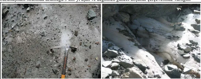 Foto  6-7:  Çinaçor buzulunun üzerindeki enkaz örtüsünün,  kalın bir tabaka halinde yüzeyi kapladığı alanlar çok sınırlıdır