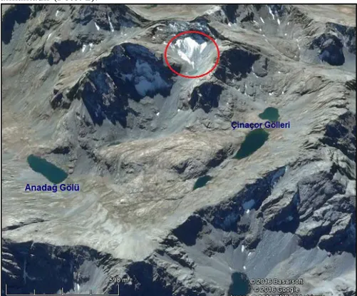 Foto 2:  17.10.2016  erişimli  Google earth  görüntüsü  üzerinden, Tatos Dağları’nın  zirvesi  yakınında  bulunan  buzullaşma  alanı  ve  yakın  çevresi