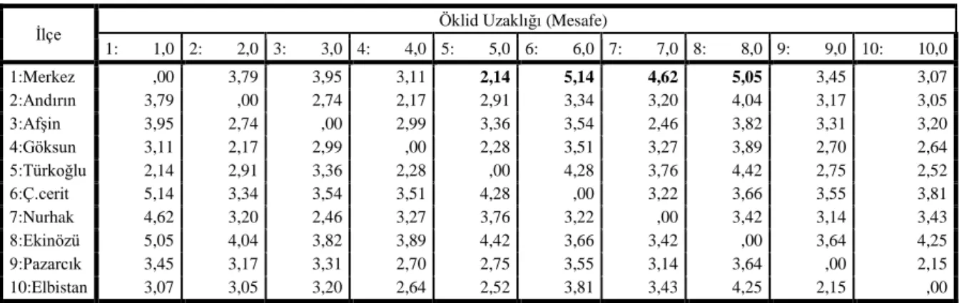 Çizelge 7. Yakınlık Matriksi (Proximity Matrix)
