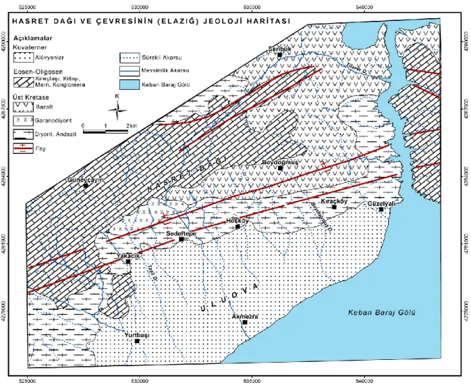 Şekil  4.  Hasret  Dağı  ve  çevresinin  (Elazığ)  jeoloji haritası  (MTA  1/500.000  ölçekli  jeoloji haritaları  Erzurum  paftasından 