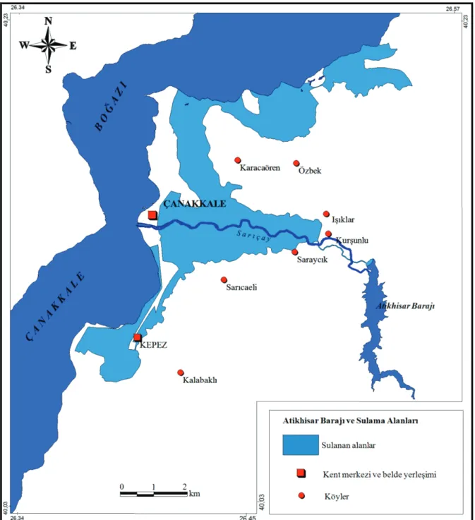 Şekil 3. Atikhisar Barajı’nın sulama alanları ve sulamadan yararlanan yerleşimler  (Koç 2009’dan yararlanılarak hazırlanmıştır) 