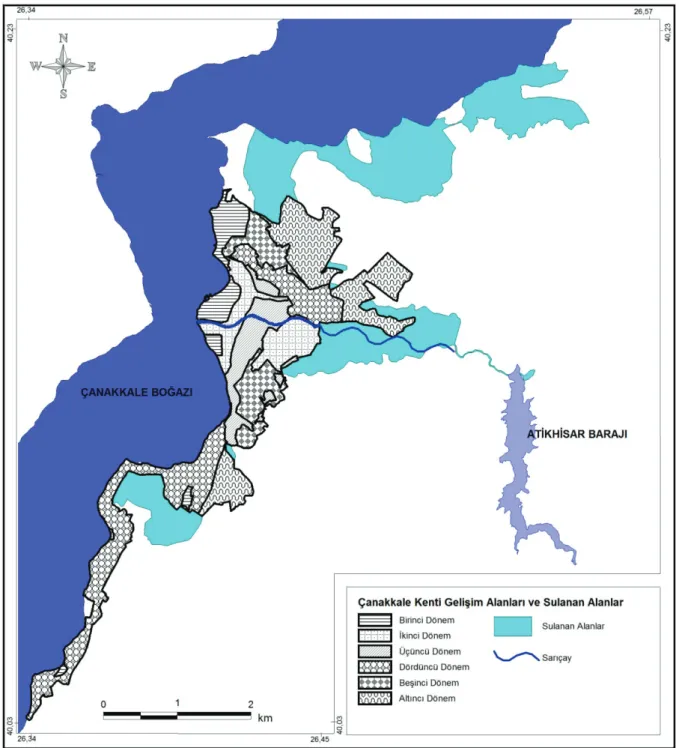 Şekil 5. Atikhisar Barajı’nın suladığı alanlar ile Çanakkale kenti ve Kepez imar planlı alanları  (Koç, 2009 ve Cengiz, 2011’den  yararlanılarak hazırlanmıştır) 