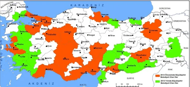 ġekil 1. Mülki idari alanları tümüyle büyükşehir belediyelerinin hizmet alanı haline getirilen illerin dağılımı.