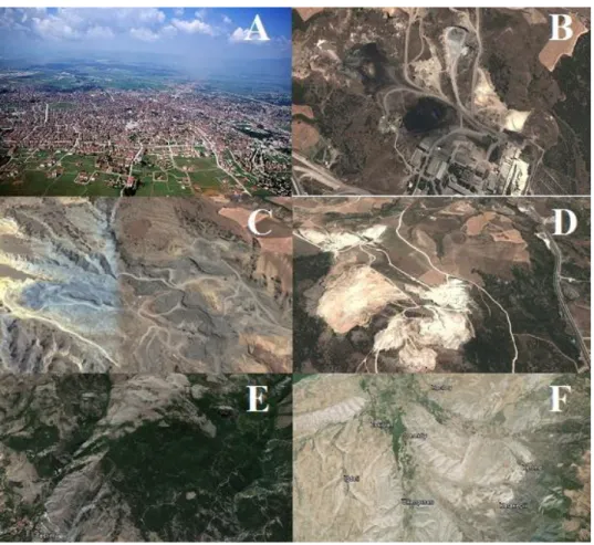 Foto 1. (A), Çorum şehir merkezinin uydudan görünümü (Ateş Velidedeoğlu). (B), Çorum Çimento Fabrikası  atıkları, fabrikanın hemen yanında depo edilmektedir