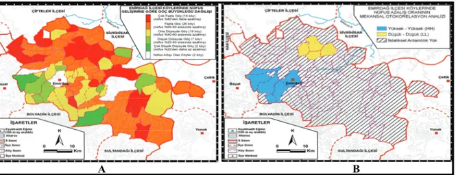 Şekil 4. Emirdağ ilçesi köylerinde A) nüfus gelişimine göre göç büyüklüğü dağılışı haritası B) nüfus azalış oranlarının 